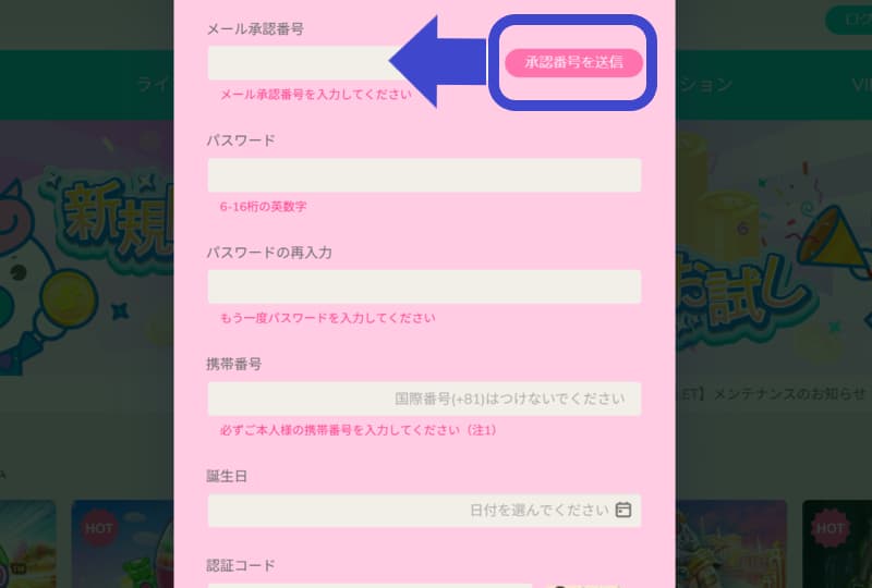 ユースカジノのアカウント登録2枚目