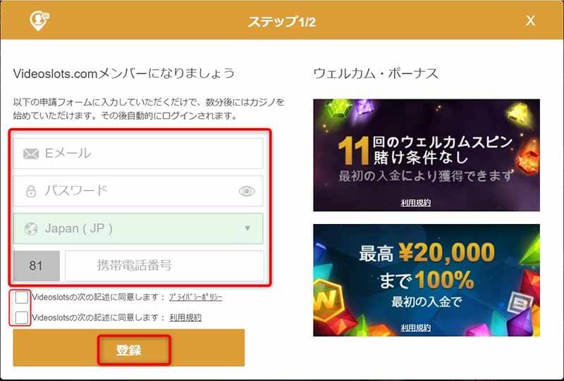 ビデオスロッツ必要情報の入力